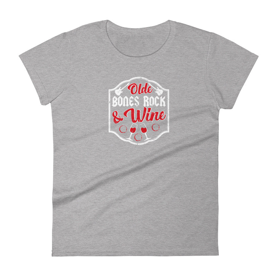 Olde Bones Rock & Wine Women's Short Sleeve T-Shirt - Heather Grey | Olde Bones Rock! vintage inspired tees, women's retro rock tees, ladies classic rock t shirts