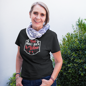 Olde Bones Rock: Olde Bones Rock & Wine women's t shirt. Your drink's changed but you rock and roll all the same.