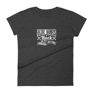 Olde Bones Rock & Now Play Da Blues Women's Short Sleeve T-Shirt - Heather Dark Grey | Olde Bones Rock! vintage inspired tees, women's retro rock tees, ladies classic rock t shirts