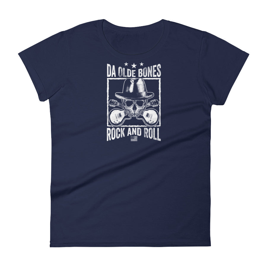 Da Olde Bones Rock And Roll Women's Short Sleeve T-Shirt - Navy | Olde Bones Rock! vintage inspired tees, women's retro rock tees, ladies classic rock t shirts