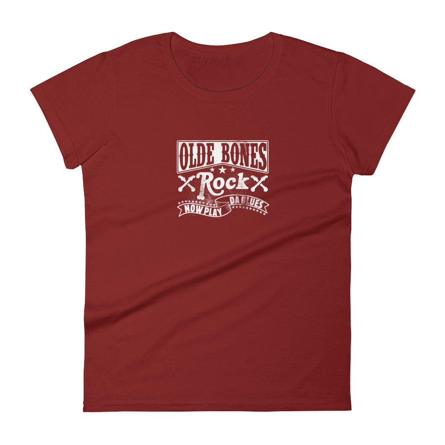 Olde Bones Rock & Now Play Da Blues Women's Short Sleeve T-Shirt - Independence Red | Olde Bones Rock! vintage inspired tees, women's retro rock tees, ladies classic rock t shirts