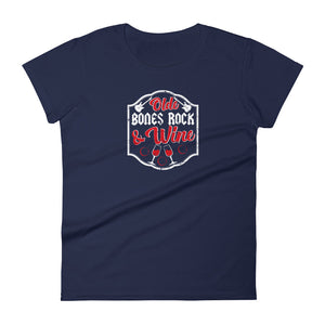 Olde Bones Rock & Wine Women's Short Sleeve T-Shirt - Navy | Olde Bones Rock! vintage inspired tees, women's retro rock tees, ladies classic rock t shirts