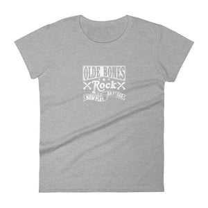 Olde Bones Rock & Now Play Da Blues Women's Short Sleeve T-Shirt - Heather Grey | Olde Bones Rock! vintage inspired tees, women's retro rock tees, ladies classic rock t shirts